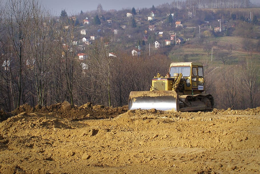 bulldozer, excavator, construction machine, excavations, building, digging, construction work, equipment, soil, work