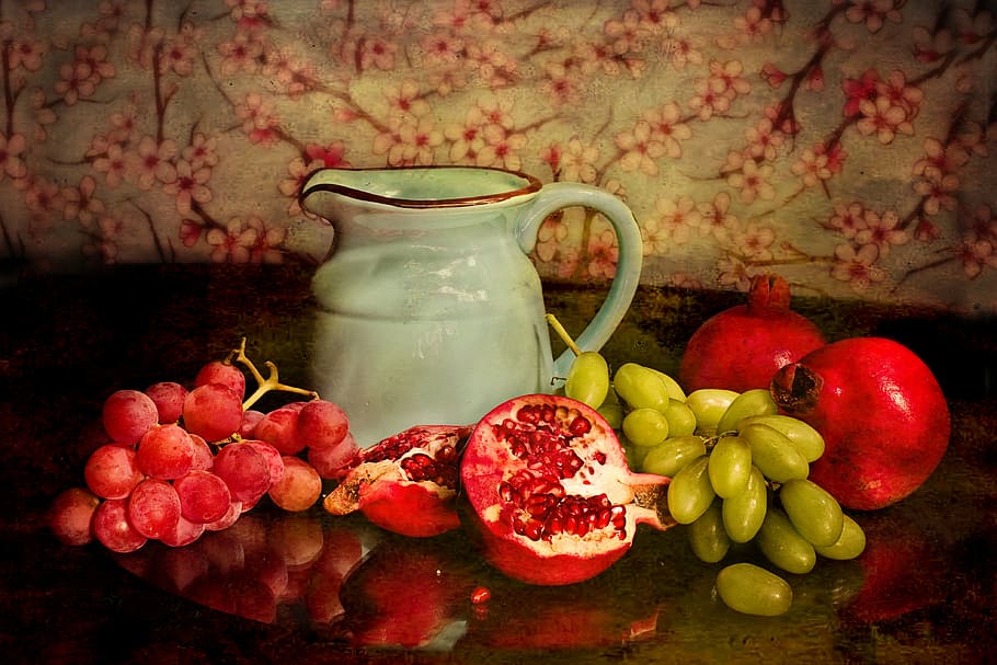 still-life photography, fruits, pitcher, table, fruit, fruity, food, red, freshness, ripe