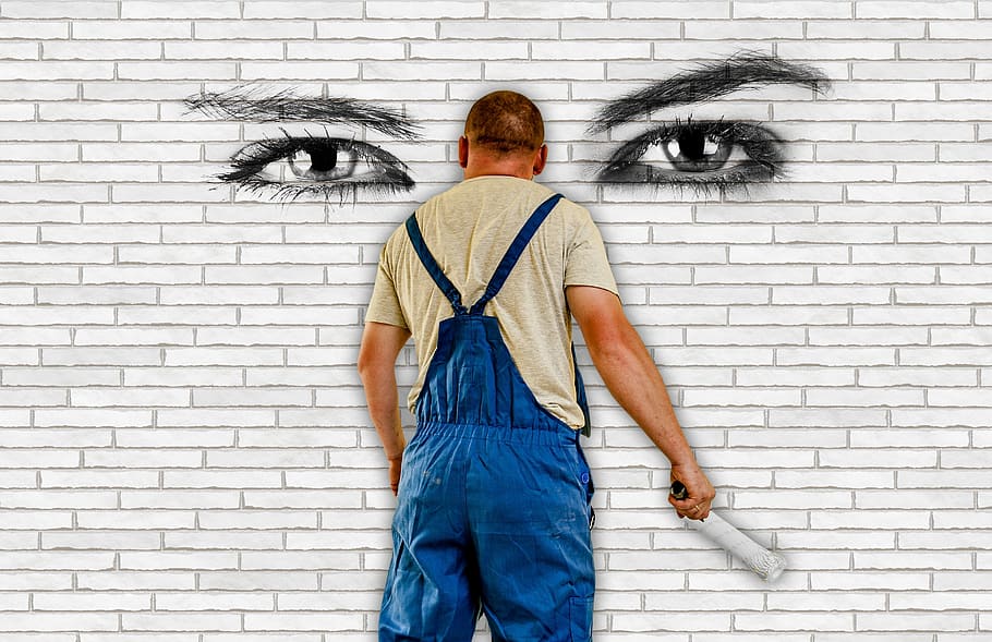 man, blue, dungaree, painter, house painter, wall, eyes, stones, paint, painting
