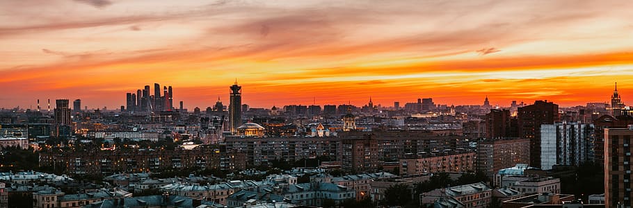 panorama, pano, langit, matahari terbenam, Jeruk, pencakar langit, pemandangan, moscow, moscowcity, kremlin