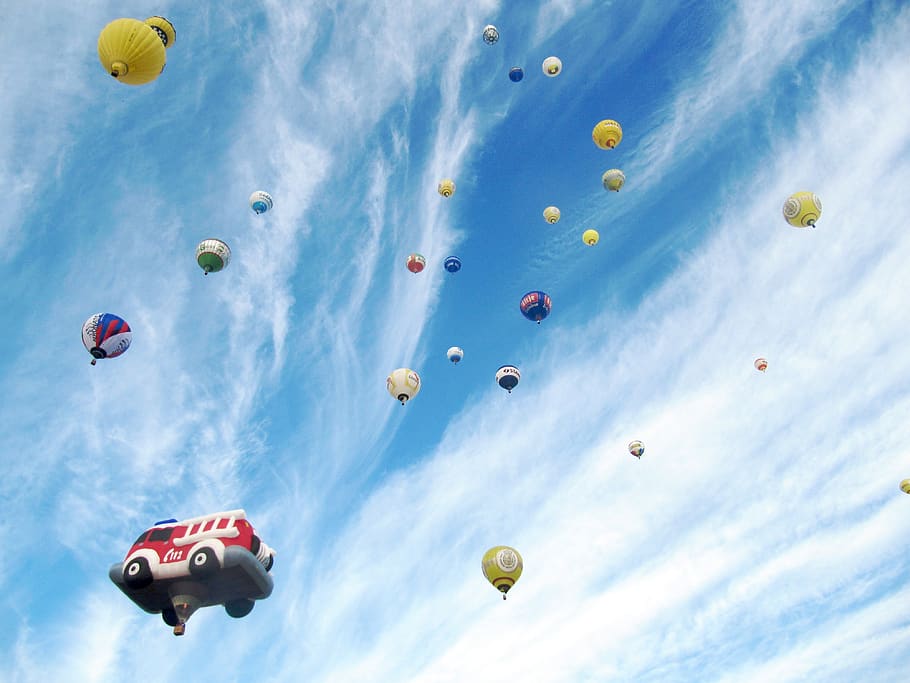ballons, hot air balloons, montgolfiade, colorful balloons, blue sky, ballooning, captive balloon, sky, flying, mid-air