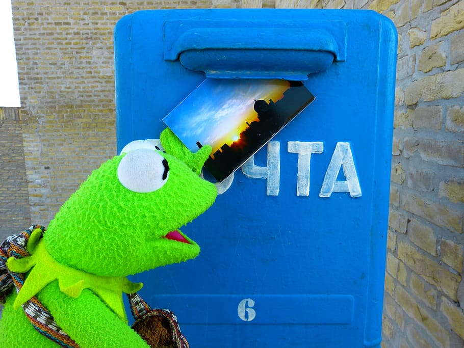 kermit, frog, holding, post, letter boxes, mailbox, throw a, postcard, kermti, blue