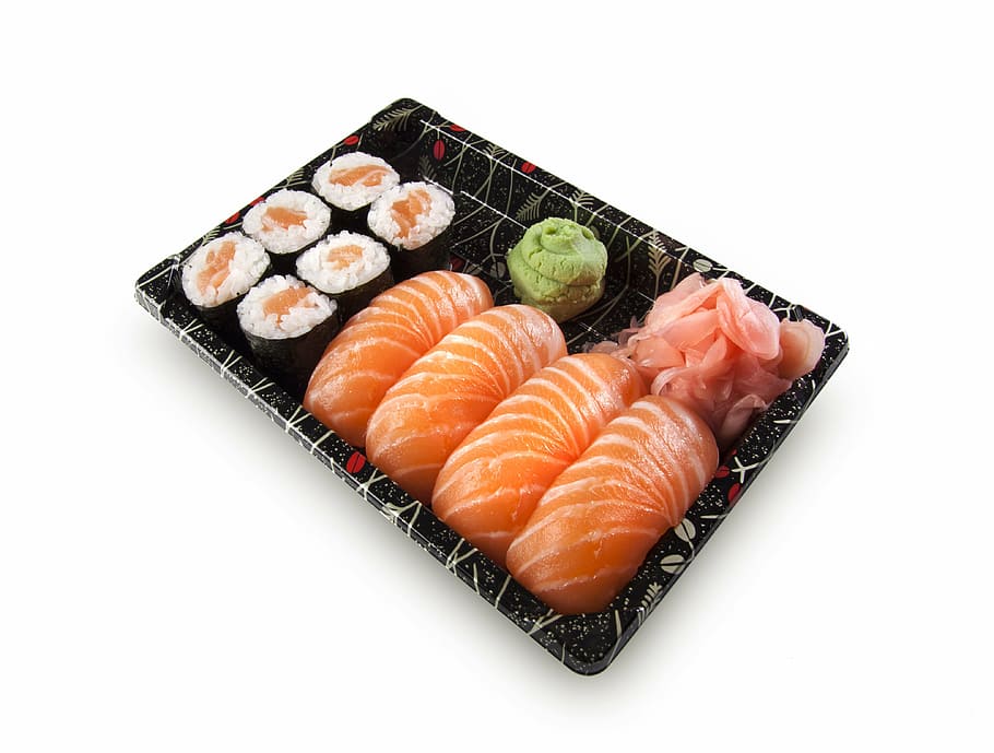 sushi, set, nigiri, maki, fish, raw, salmon, rice, wasabi, food