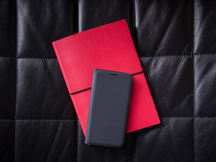 black, leather, phone, case, notebook, red, diary, letter, technology, textile