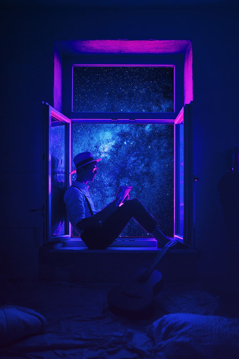 space, cyberpunk, reading, fantasy, sit on the window, bedroom, domestic room, one person, indoors, furniture