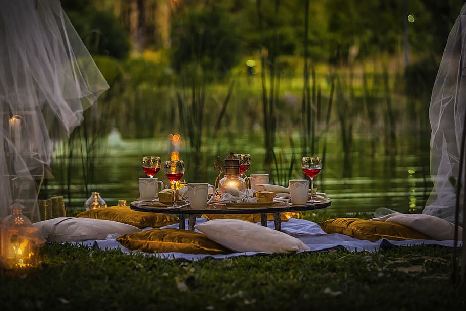 dining table, pond, throw, pillows, a toast, green, pillow, table, nature, place table