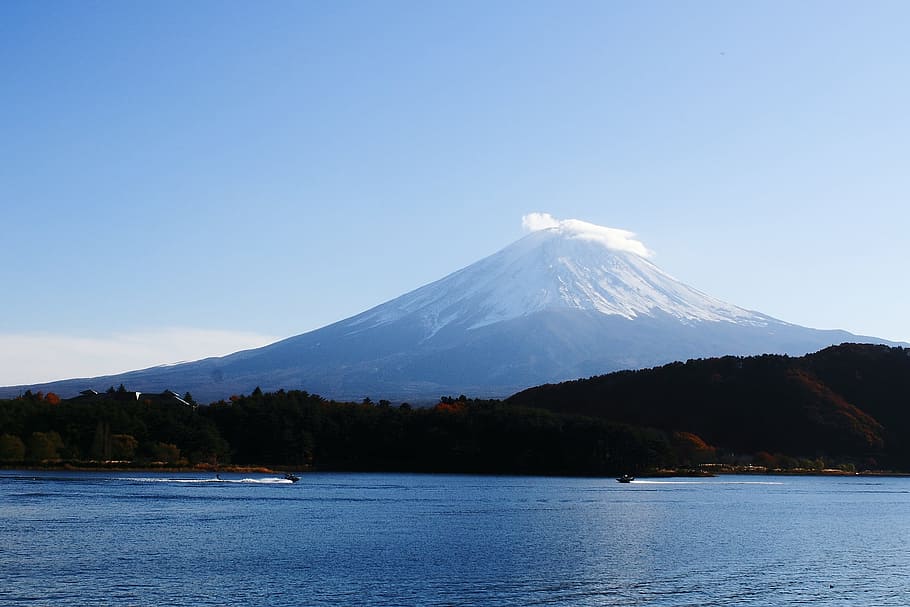 calma, cuerpo, agua, montaña, volcán, azul, durante el día, Monte Fuji, Lago Kawaguchi, Cielo
