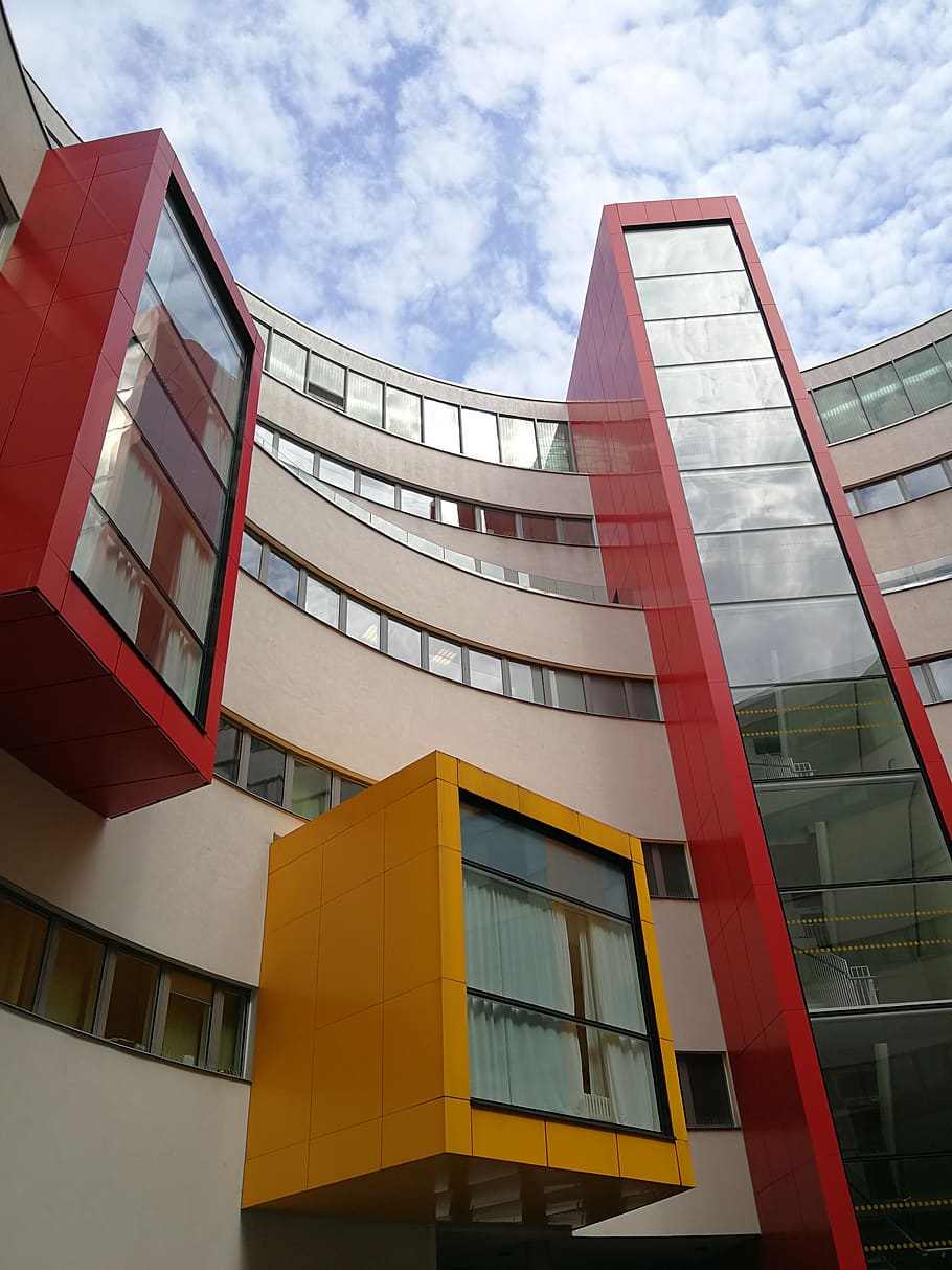 edifício, moderno, ar, arquitetura, vermelho, amarelo, céu, hospital, estrutura construída, exterior do edifício