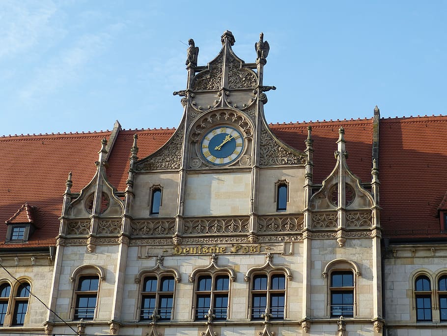magdeburg, saxony-anhalt, building, facade, architecture, window, clock, time, post, gable