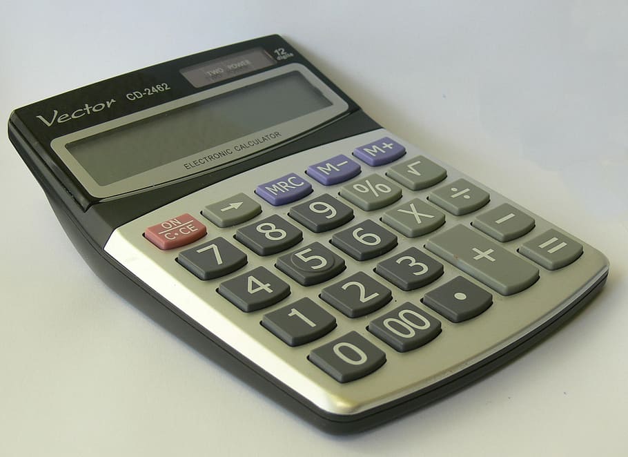 gray, black, vector desk calculator, white, surface, accountancy, bookkeeping, accounting, bookkeeper, calculator