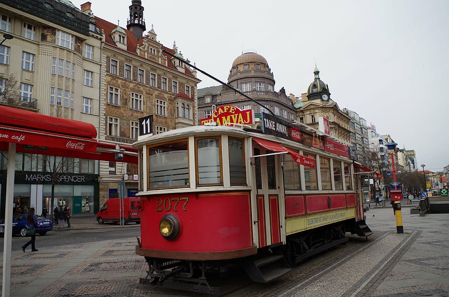 prague, travel, tram streetcar, city ​​center, old town, street, public transport, red, old, historical