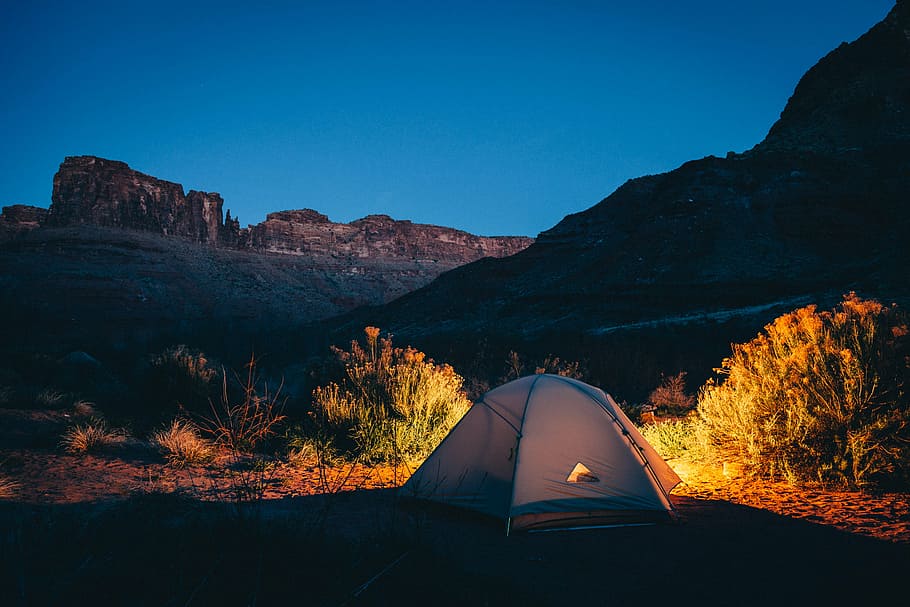 gray camping tent, gray, dome, tent, camping, nature, outdoors, night, evening, sky