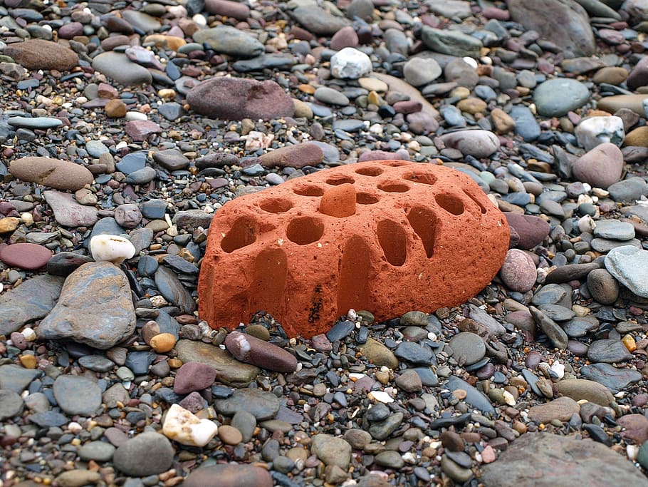 brick, stones, unusual, holes, hole, flushed, sea, coast, beach, pebble