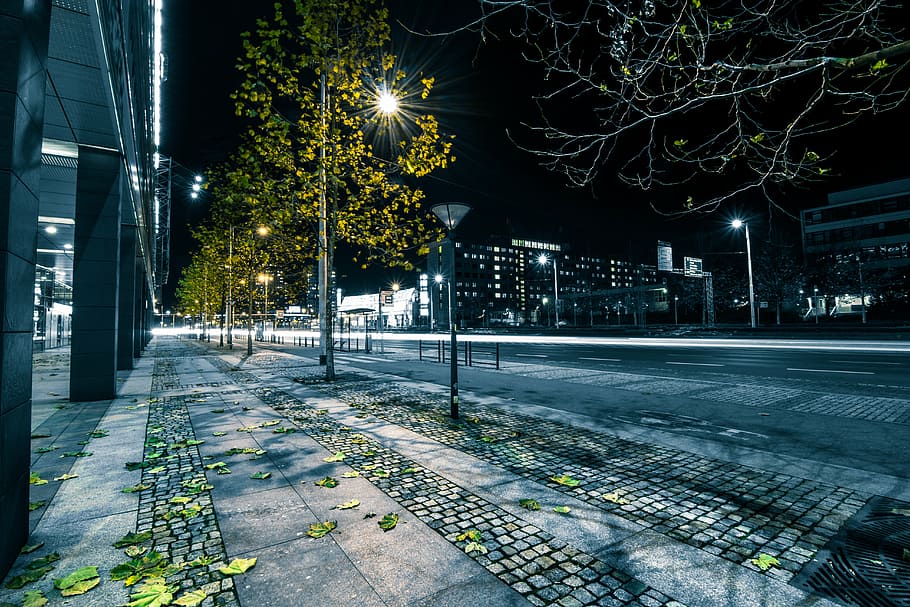 turned-on street light, gray, concrete, road, lighted, lamposts, streets, roads, lamp posts, night
