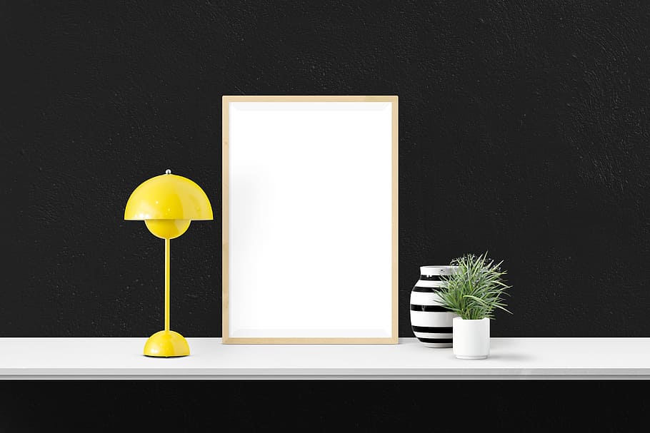 yellow, table lamp, turned, desk, poster, mockup, decor, interior, presentation, mock