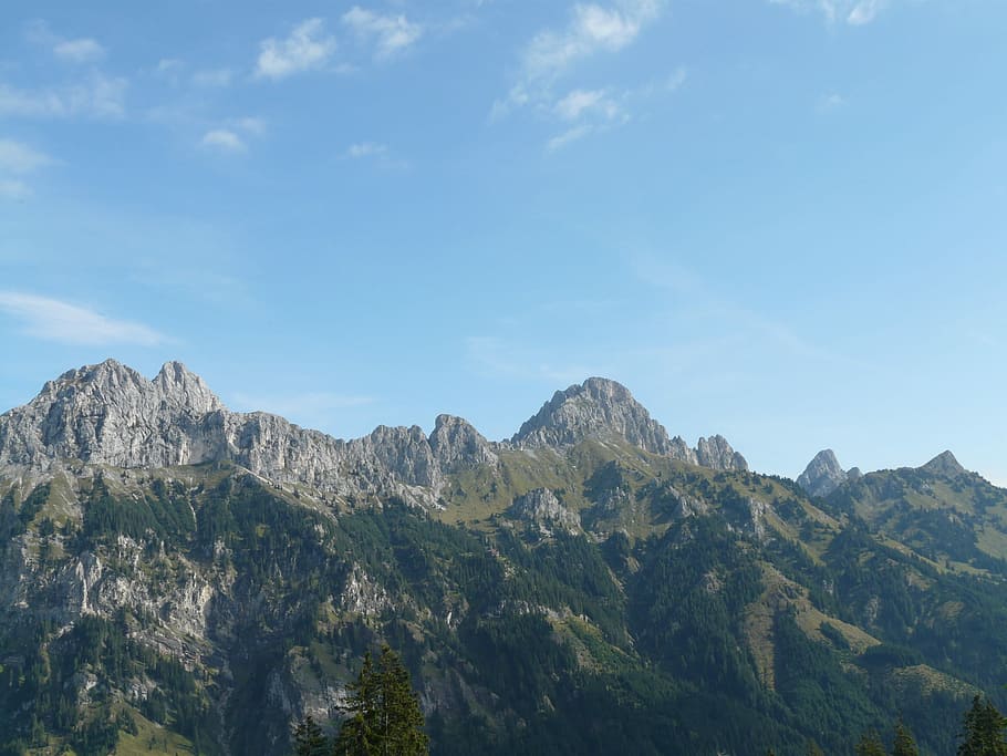 Alpes Allgäu, Alpino, Montanhas, Tannheim, vermelho, gimpel, espátula, ponta da colina, montanhas tannheimer, montanha