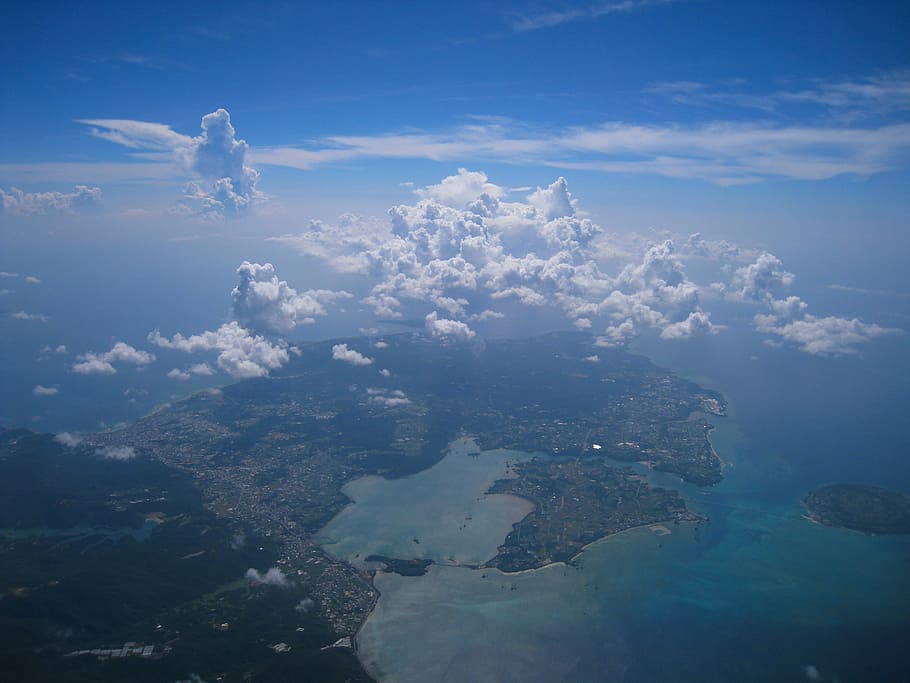 島, 囲まれた, 水, 曇り, 空, 航空写真, 雲, 海, 白, 青