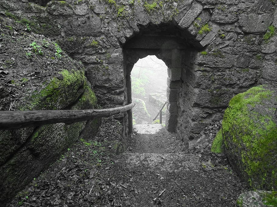 gray, brick tunnel, mountain, brick, tunnel, castle, ruin, output, moss, green