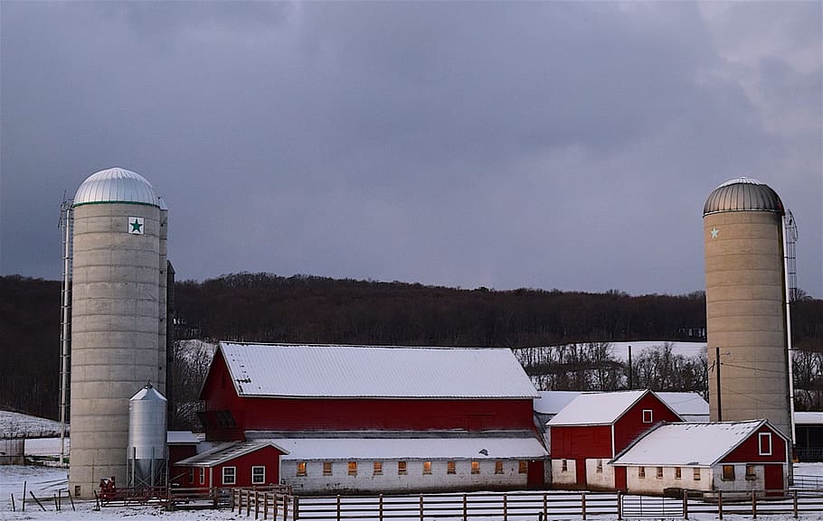 snow, farm, silo, barn, fence, winter season, rural, nature, christmas, country