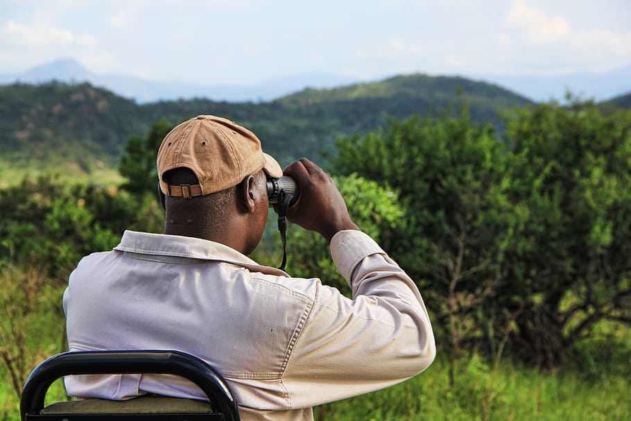 man, using, binoculars, facing, trees, mountains, stalk, africa, bush, safari