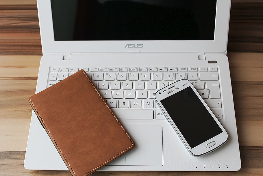 white, asus laptop, samsung galaxy smartphone band, brown, leather case, notebook, smartphone, home office, work, technology