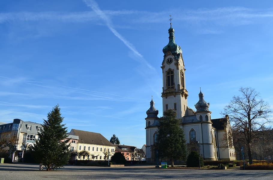 Church, Hockenheim, Germany, Protestant, hockenheim germany, history, sky, tree, architecture, outdoors