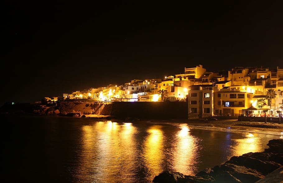 selinunte, sicily, night, country, houses, marinaro, maritime village, lights, water, sea