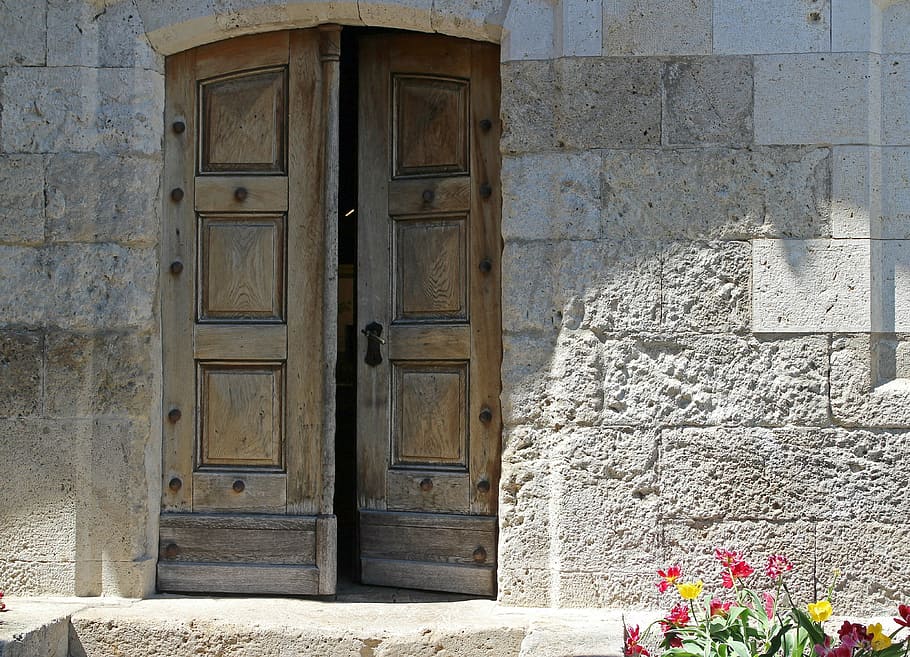 abierto, gris, de madera, puerta, entrada, meta, portal, hogar, puerta con bisagras, madera
