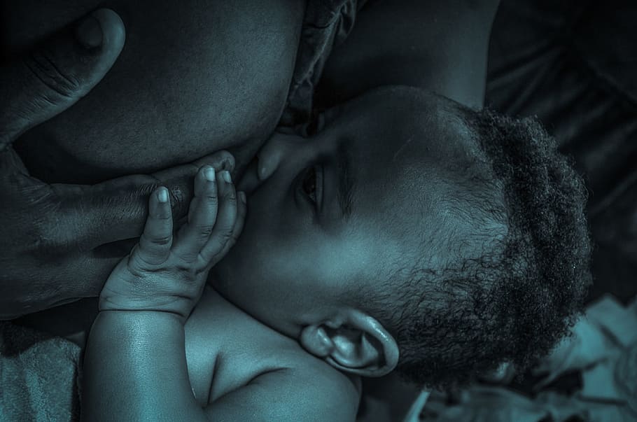 gris, foto de escala, bebé, niño, lactancia materna, mama, infantil, madre, africanos, parte del cuerpo humano