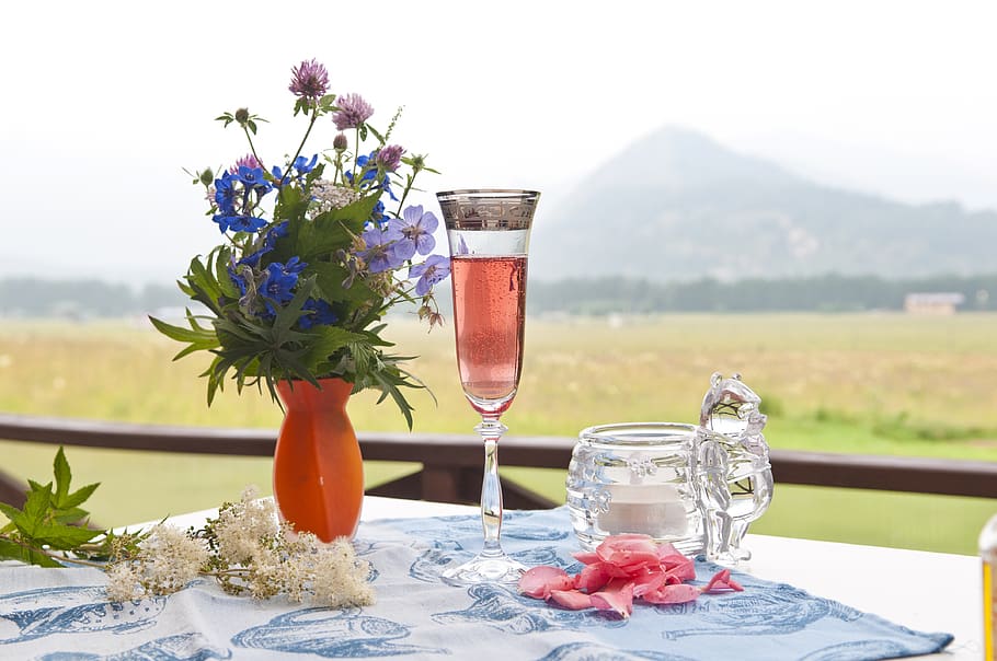 flowers, champagne, mountains, meadow, love, celebration, alcohol, drink, gift, wine