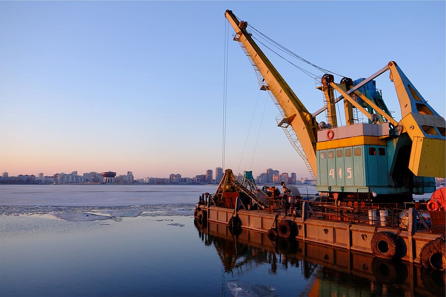 port, harbor, harbour, equipment, crane, water, frozen, ice, sky, crane - construction machinery