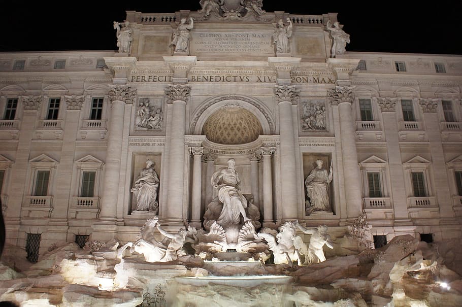 italy, source, night, light, water, rome, trevi fountain, place, fontana, city