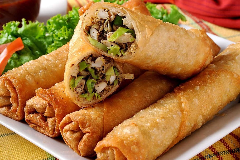 fried, spring rolls, white, platter, nem, chinese, vegetables, chinese cabbage, produce, food