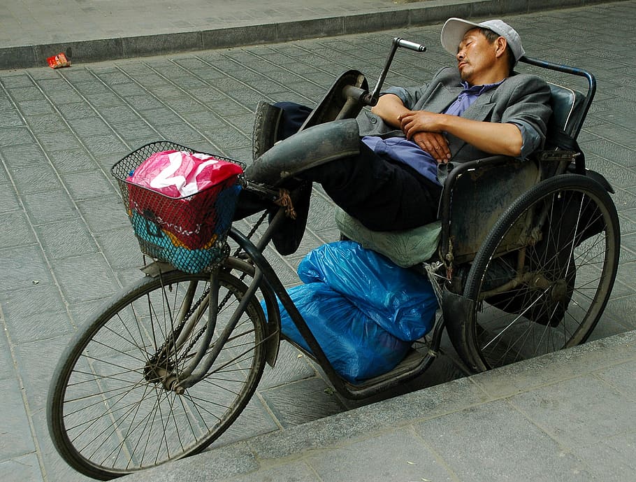 man, riding, adult trike, sleep, china, bike, street, person, wheelchair, one man only