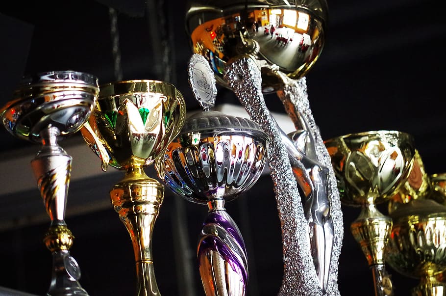 closeup, trophies, inside, dark, room, cups, winner, competition, trophy, award