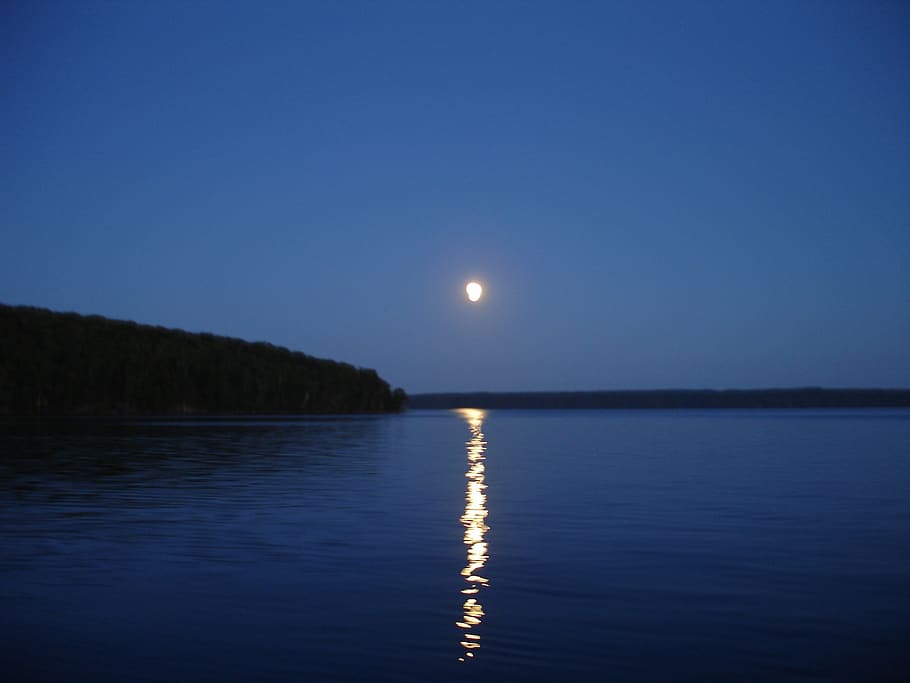 lake superior, moonlight, reflection, water, night, full moon, nature, cosmos, serene, relaxing