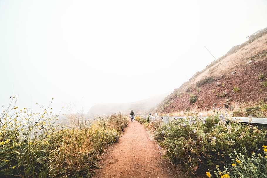 young, woman, foggy, weather, Hiking, Mountain Trail, Foggy Weather, active, alone, fog