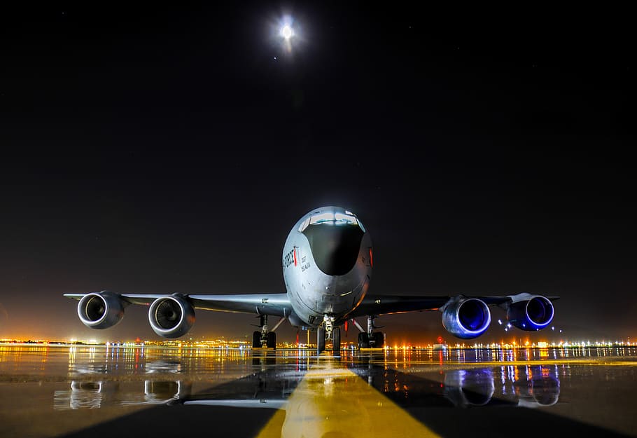 blanco, aeropuerto, noche, Kc-135R Stratotanker, Avión, Jet, línea de vuelo, tierra, militar, combustible