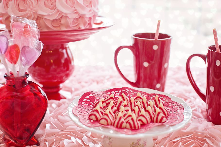 red, white, ceramic, polka-dot coffee mug, candies, tray, valentine's day, cake, pink, mugs