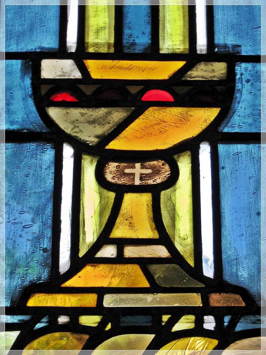 brown, green, white, painting, Church Window, Confirmation, Communion, eucharist chalice, close-up, day