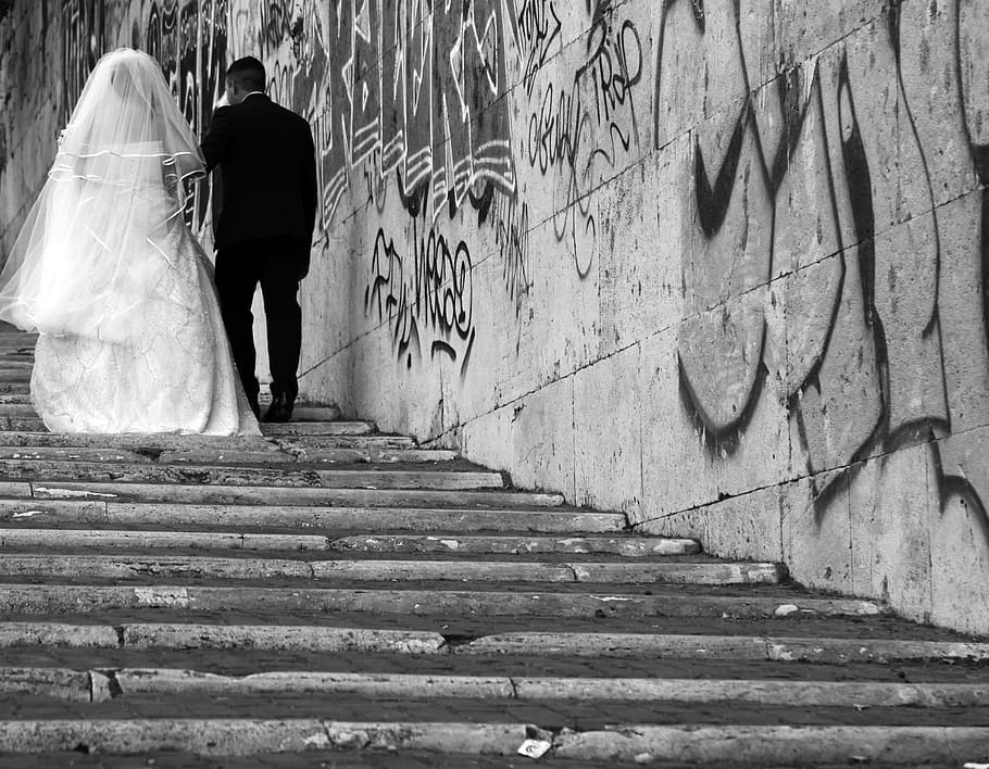 wedding, graffiti, love, marriage, groom, bride, couple, gown, rear view, real people