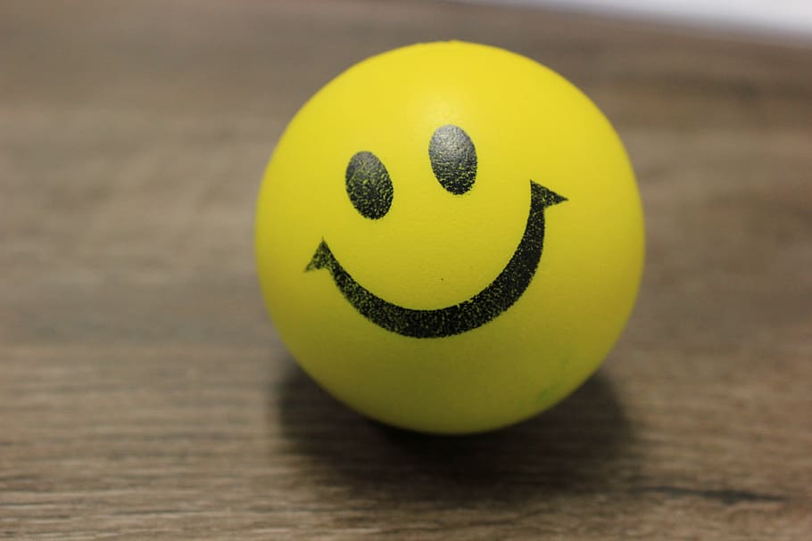 smiley ball, brown, wooden, surface, yellow, Smiley, ball, smile, happy, anthropomorphic smiley face