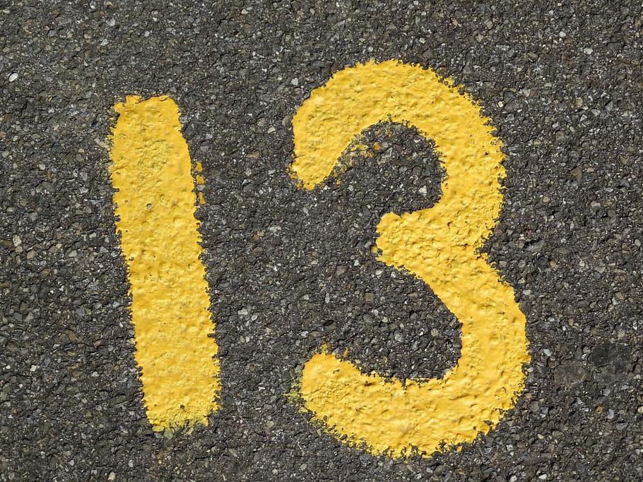 yellow number thirteen, Yellow, Number, Thirteen, 13, photos, public domain, yellow number, asphalt, sign