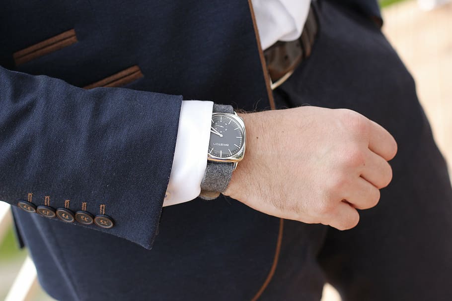 man, wearing, black, suit, analog, watch, hand, male, close-up, midsection