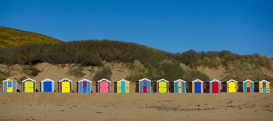 beach, hut, seaside, cabin, bathing, box, shelter, colorful, wooden, color