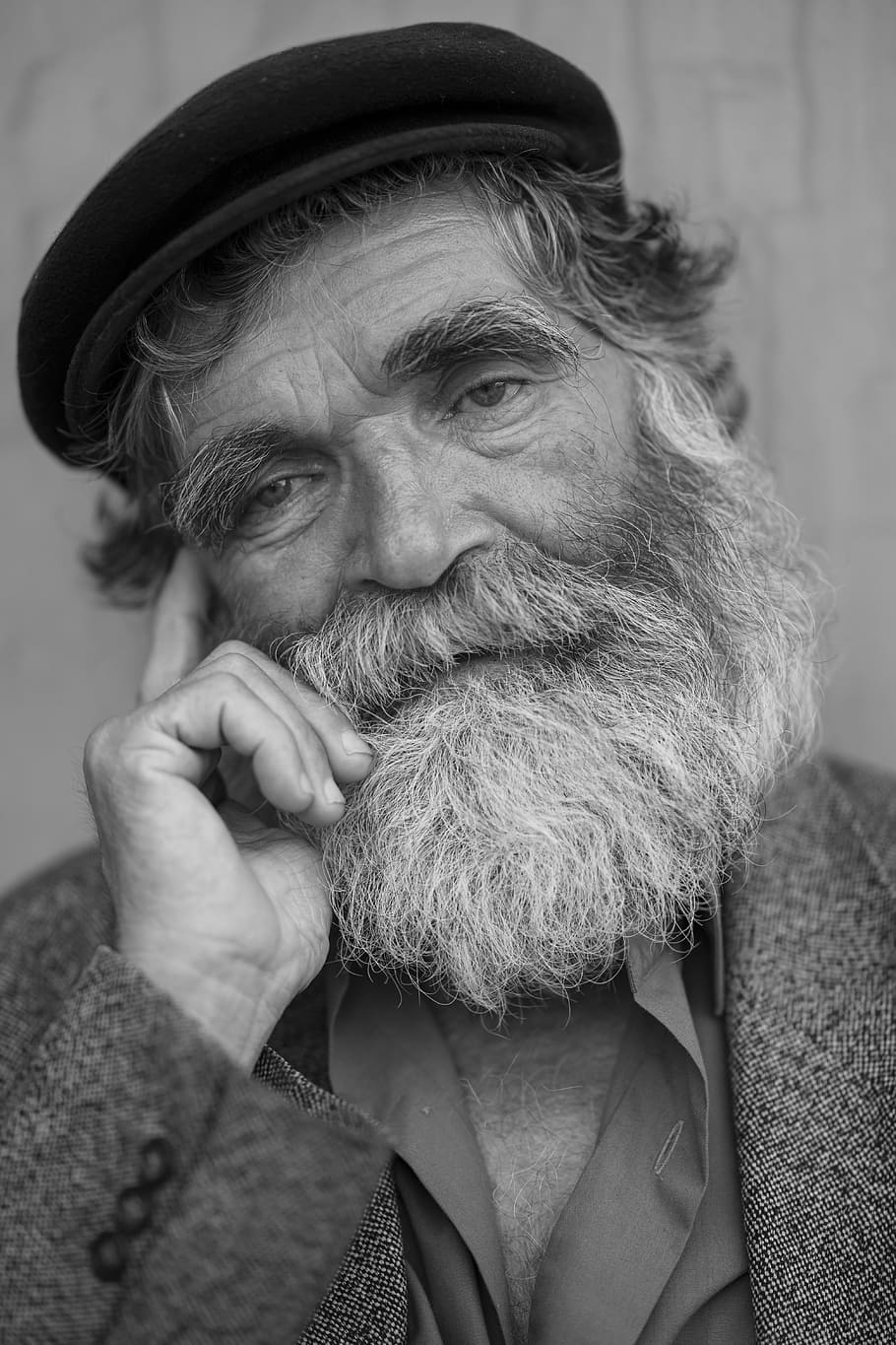 grayscale photography, holding, right cheek, Old, Grandfather, Man, Male, Beard, old man, old grandfather