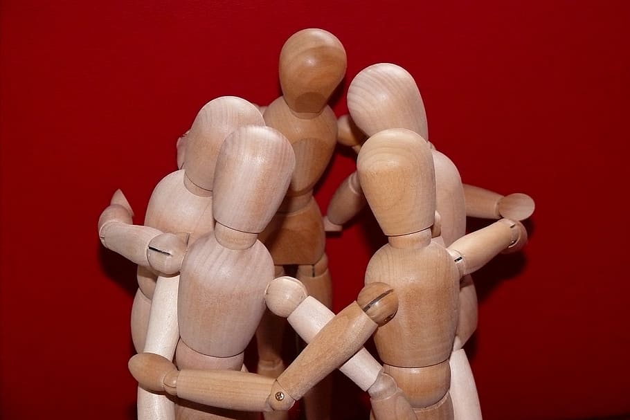 five, brown, wooden, puppet, hugging, articulated male, meeting, together, group, personal