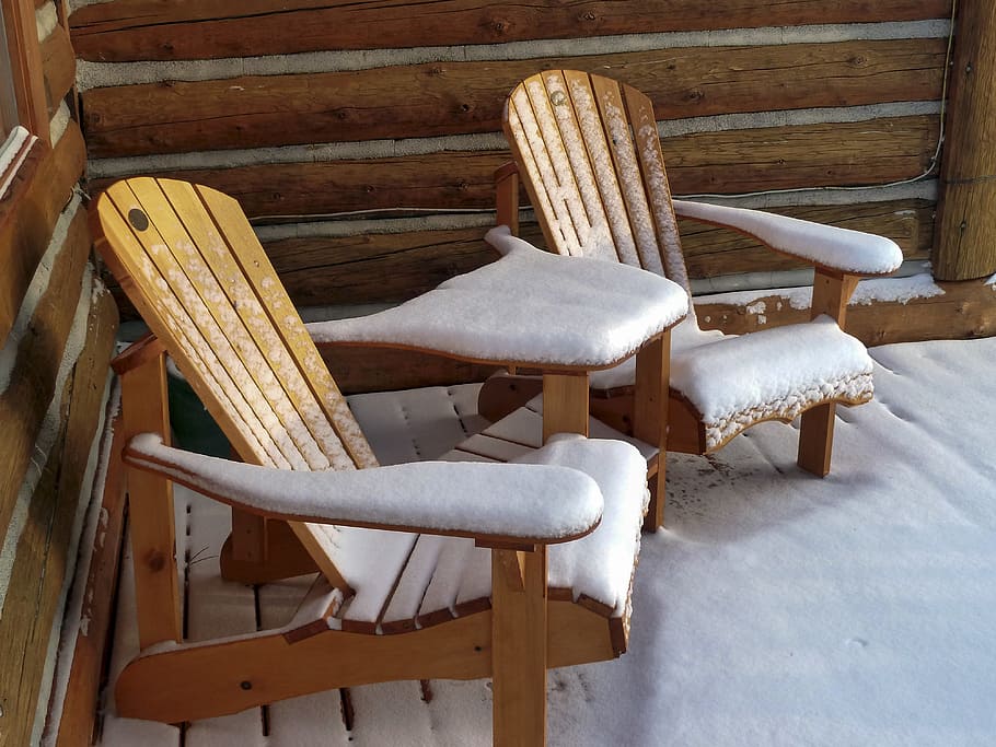 Wooden, Garden, Chairs, Snow, Covered, garden chairs, snow covered, log home, wood, winter