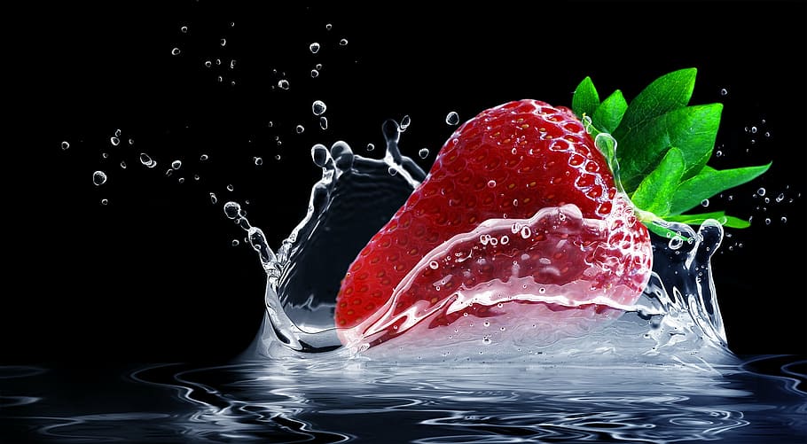 time lapse photography, strawberry, splashing, water, water splashes, splash, drop of water, fruit, sweet, red