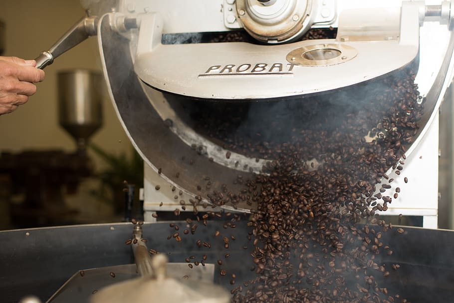 gray, probat coffee machine, coffee, cafe, coffee bean, coffee beans, roast coffee, roasting, food and drink, hand